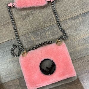 Fendi Shearling Shoulder Bag Pink Tortora Blue With Gold and Silver Hardware